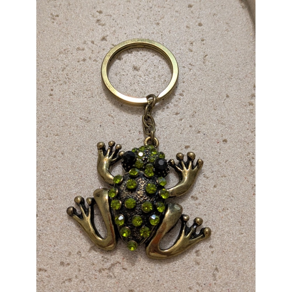 Frog Rhinestone‎ Handbag Charm Keychain Chunky Statement Green & Gold Tone